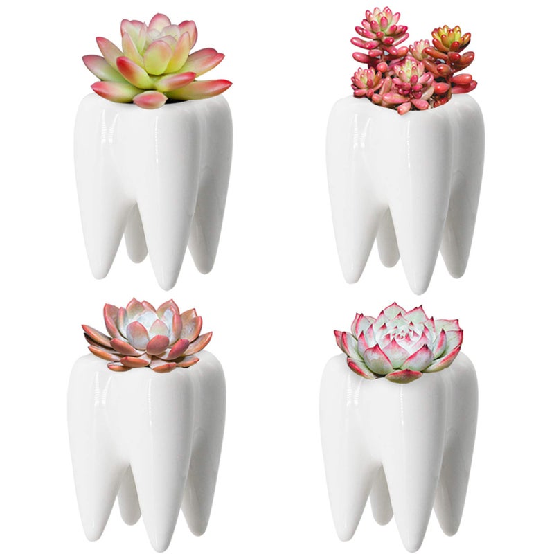 YOFIT Modern Style Teeth Pots Ceramic Flower Pot  White Succulent Cactus Bonsai Planter Container Indoor  3.7"" Set of 4